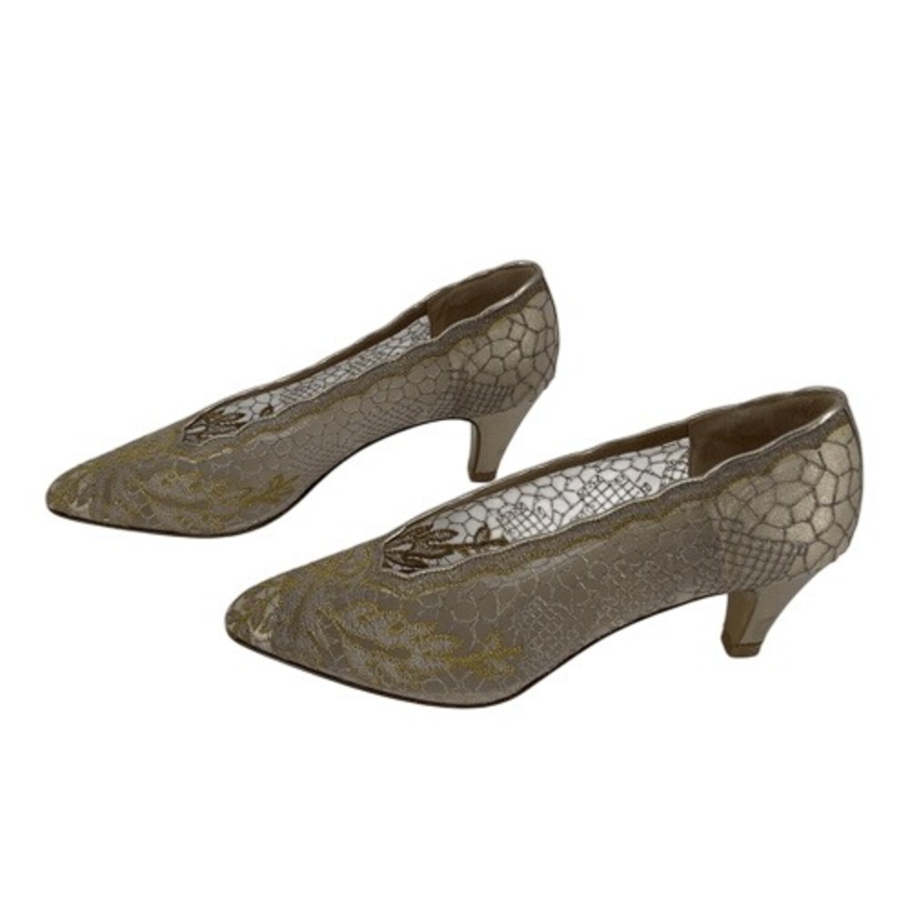Joel Parker Vintage Gold Lace Kitten Heel Pumps Leather Lined Size 8.5‎
